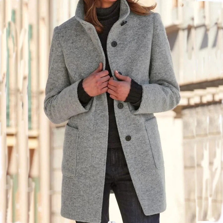 Heidi-Mode | Tailored Wool High Collar Thigh-Length Coat with Button Closure