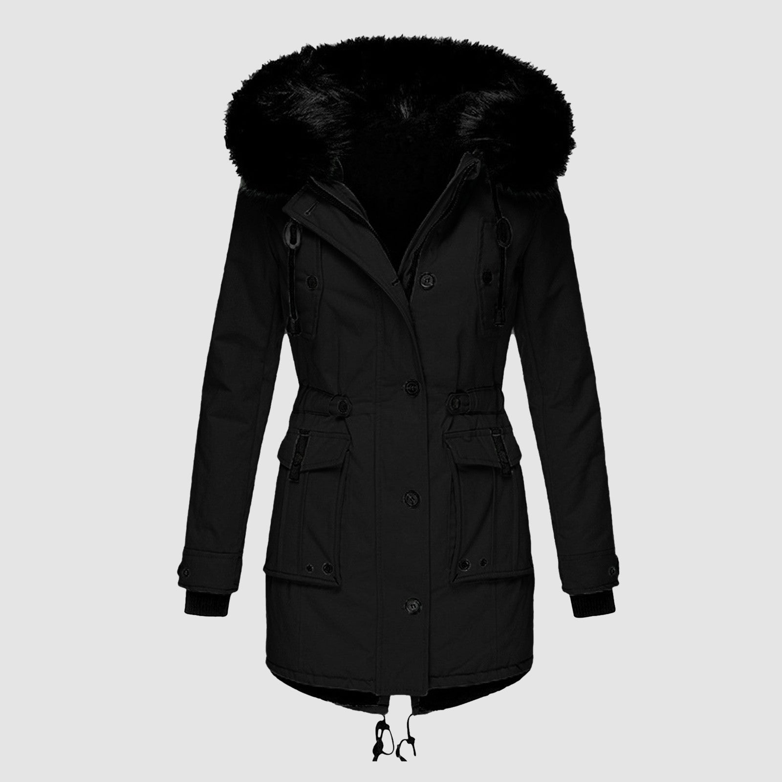 Heidi Mode | Mid-Length Faux Fur Hooded Jacket with Drawstring Waist