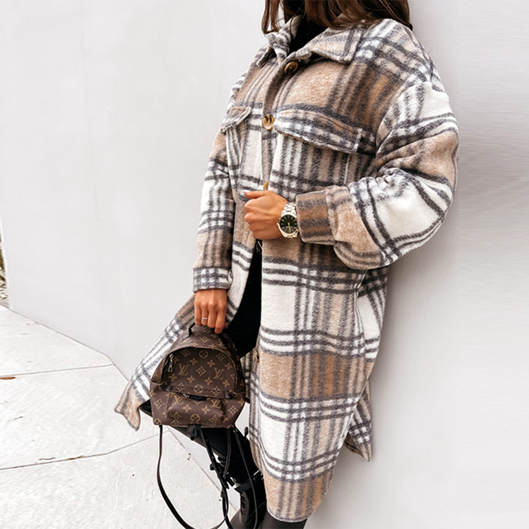 Heidi Fashion | Plus Size Long Wool Blend Coat with Check Pattern and Button Closure