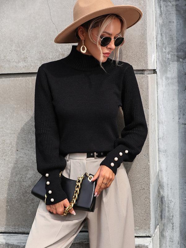 -Mode | Women's Autumn Knit Roll Neck Sweater with Beaded Sleeve Details