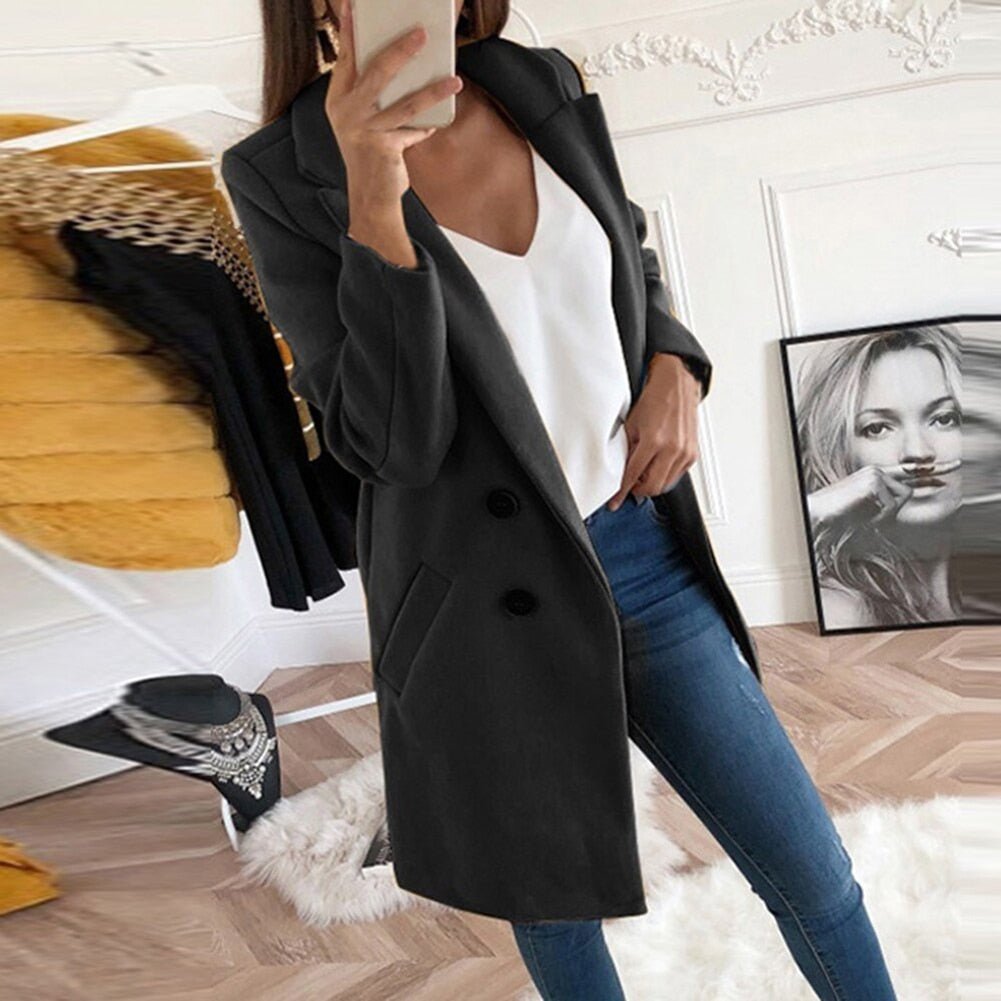 Heidi Fashion | Tailored Wool Blend Double-Breasted Blazer Coat - Knee-Length