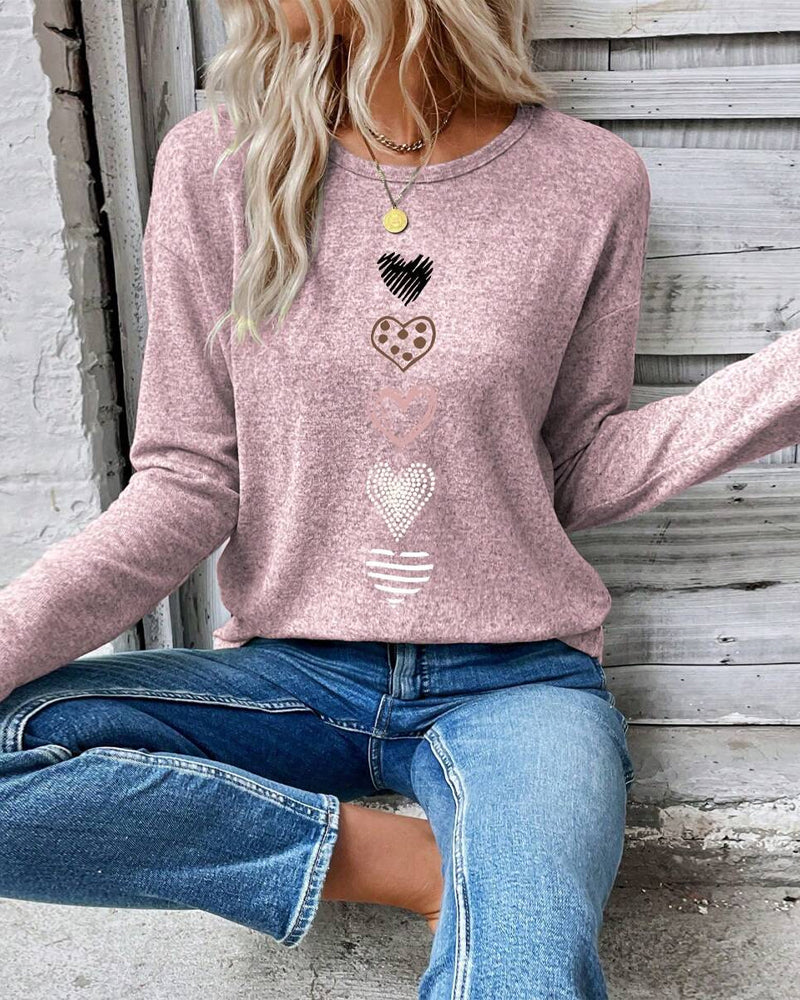 Heidi Fashion | Love Heart Print Round Neck Long Sleeve Top