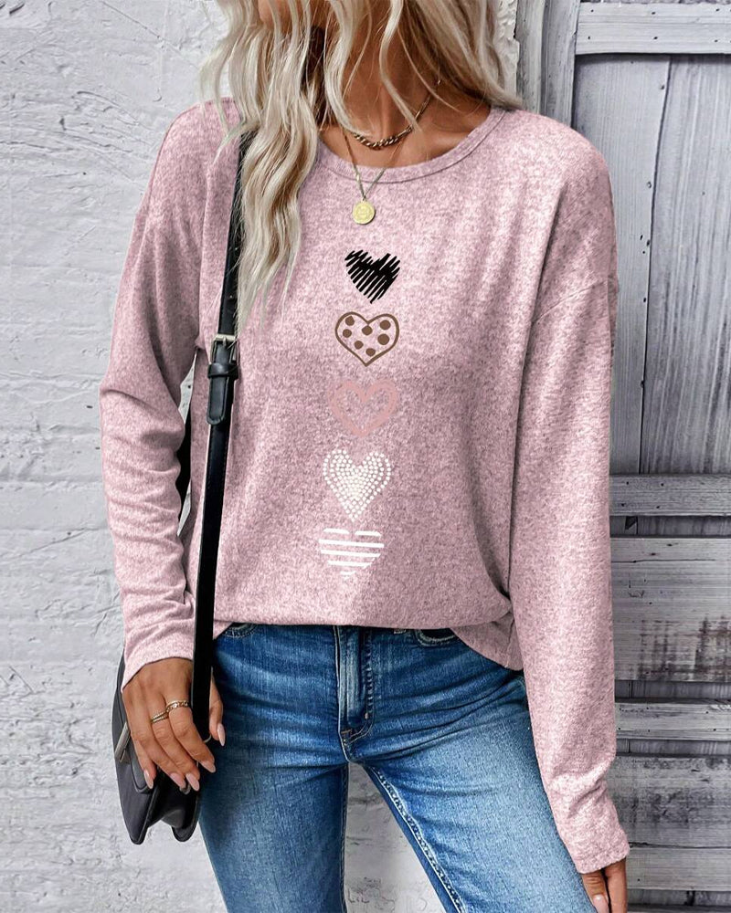 Heidi Fashion | Love Heart Print Round Neck Long Sleeve Top