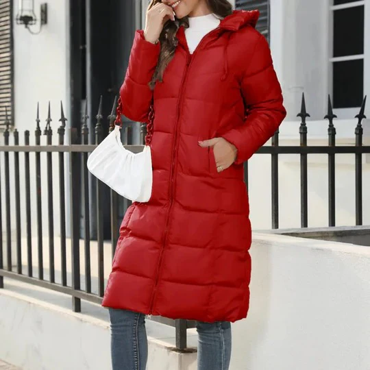 -Style | Full-Length Lightweight Quilted Down Jacket with Hood, Straight Cut