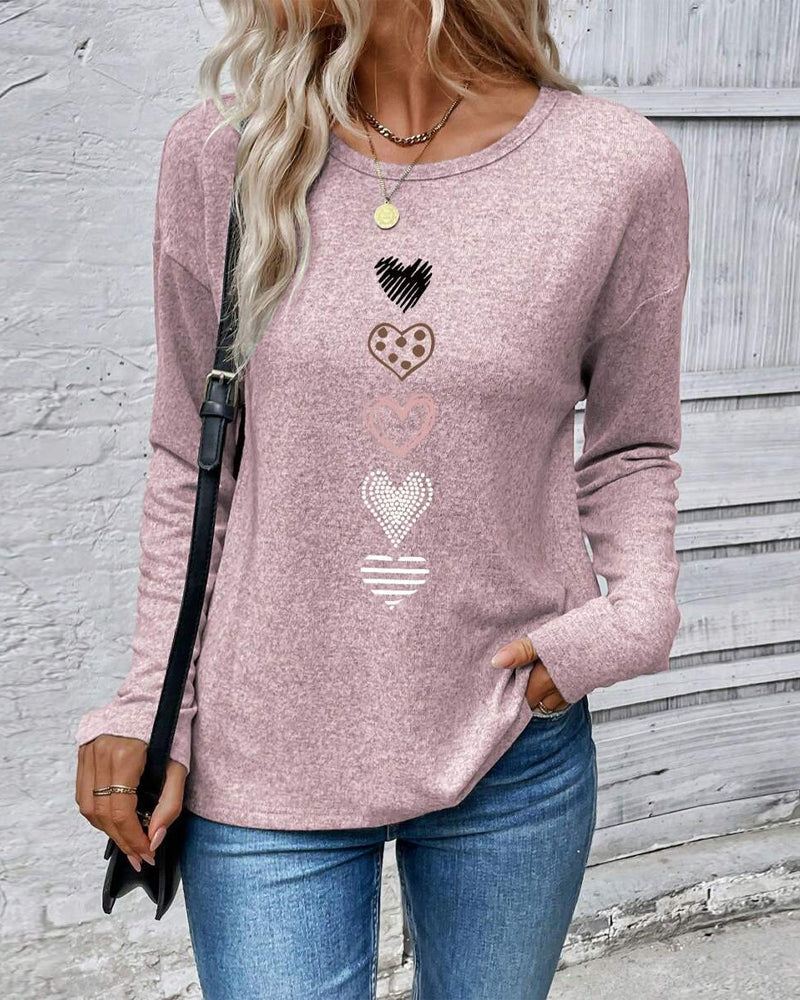 Heidi Fashion | Love Heart Print Round Neck Long Sleeve Top