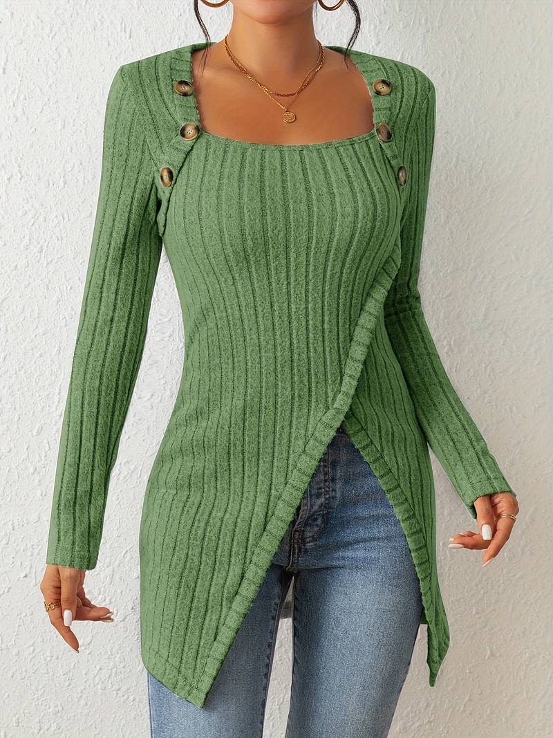 Heidi Fashion | Long Sleeve Square Neck Sweater with Side Slits