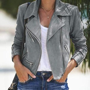 Heidi Fashion | Lapel Collar Short Suede Jacket with Zipper Accents
