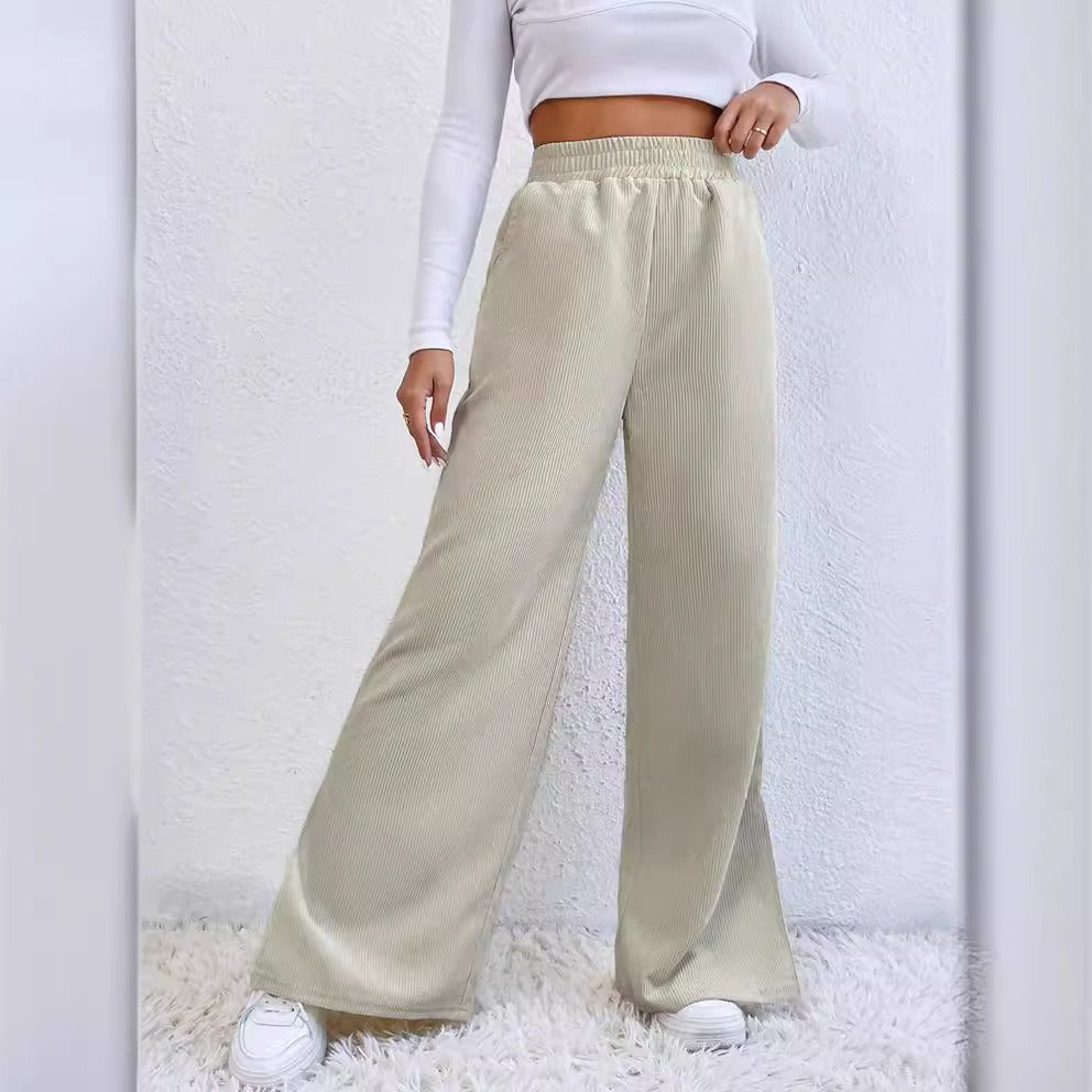 Heidi-Inspired Wide Leg High-Waist Corduroy Pants with Elastic Waistband and Slit Hem