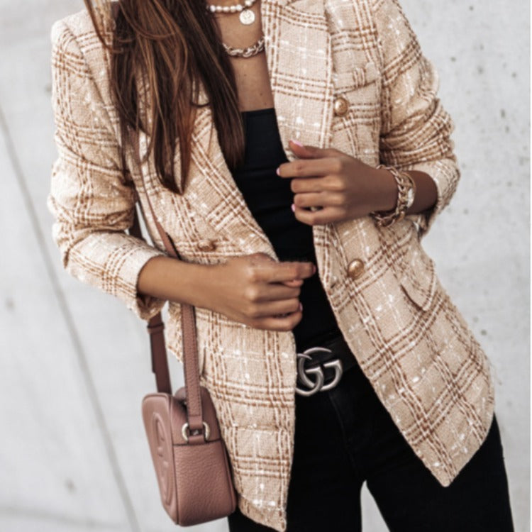 Heidi Fashion | Tailored Double-Breasted Blazer with Woven Pattern and Puff Sleeves
