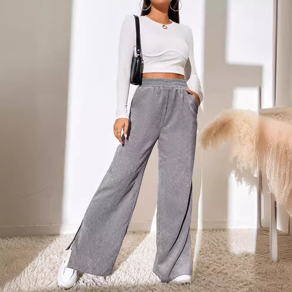 Heidi-Inspired Wide Leg High-Waist Corduroy Pants with Elastic Waistband and Slit Hem