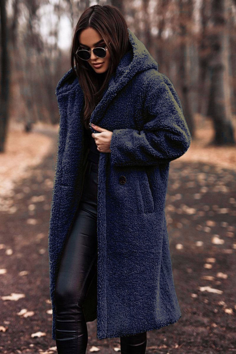 Heidi Fashion | Plus Size Full-Length Hooded Wool Coat with Button Details