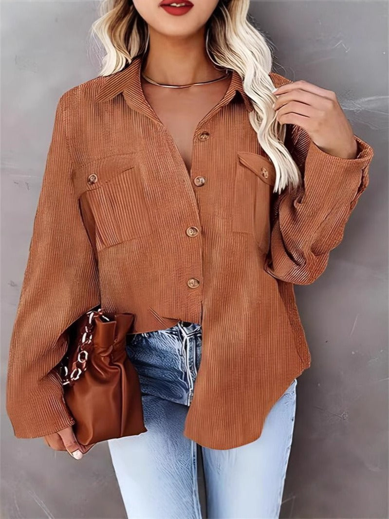 Heidi Mode | Hip-Length Loose Fit Long Sleeve Corduroy Shirt with Button Closure