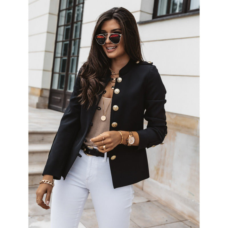 Heidi Fashion | Double-Breasted Slim Fit Blazer with Padded Shoulders - Cotton Blend