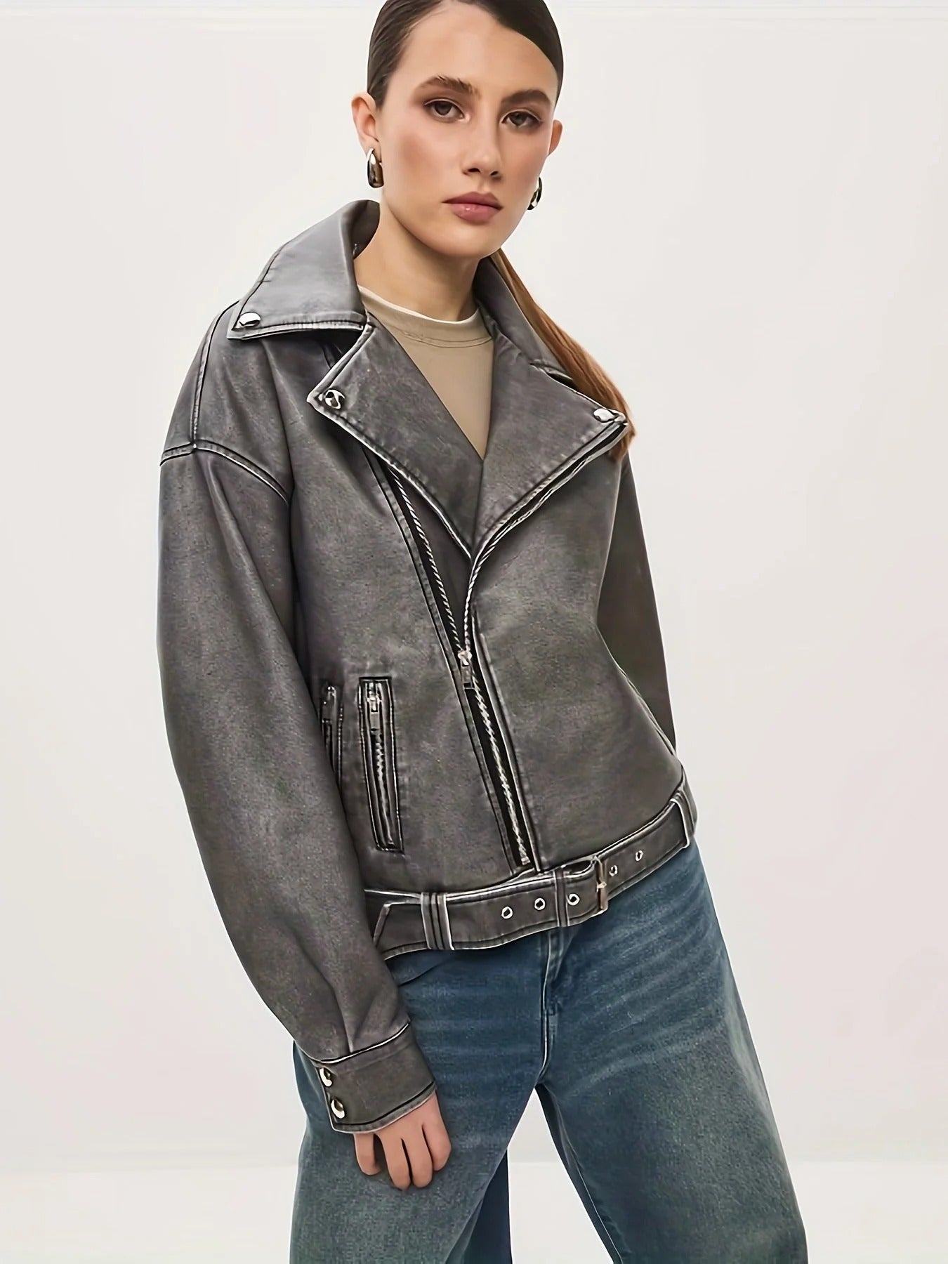 Heidi Fashion | Plus Size Biker Leather Jacket with Waist Belt and Zipper Accents