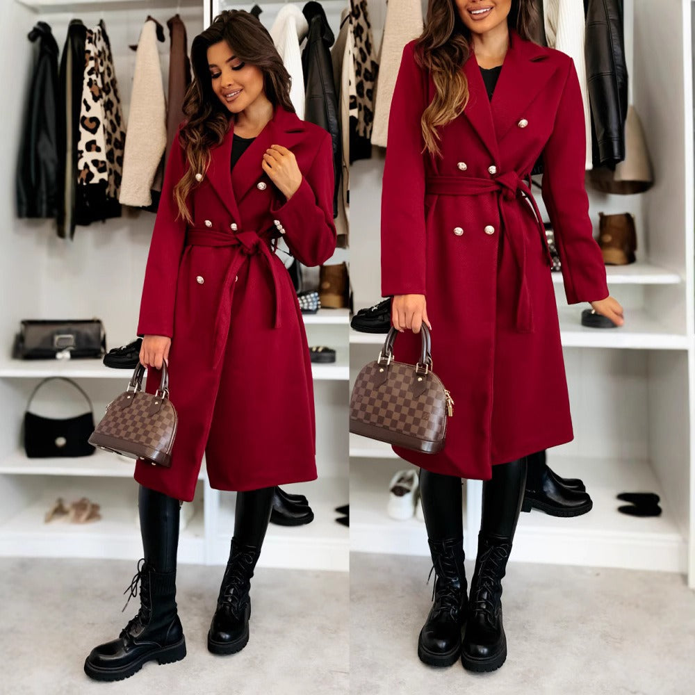 Heidi Fashion | Tailored Knee-Length Double-Breasted Wool Coat with Waist Belt