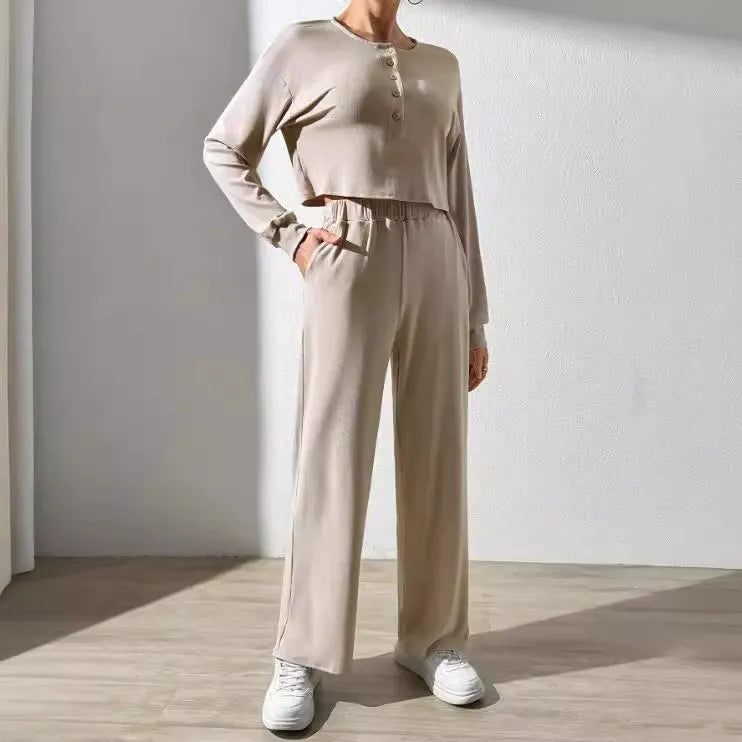 Heidi Fashion | Cozy Knit Loungewear Set: Short Button-Up Sweater & Wide-Leg Pants