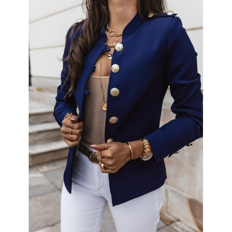 Heidi Fashion | Double-Breasted Slim Fit Blazer with Padded Shoulders - Cotton Blend