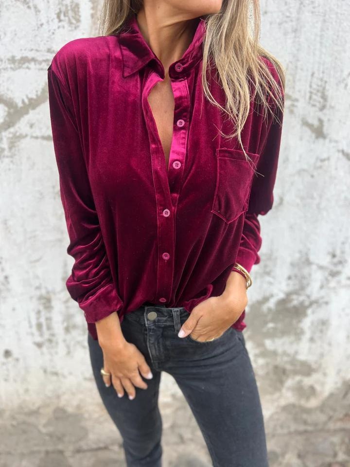 Heidi Fashion | Loose Fit Velvet Long Sleeve Shirt with Chest Pocket