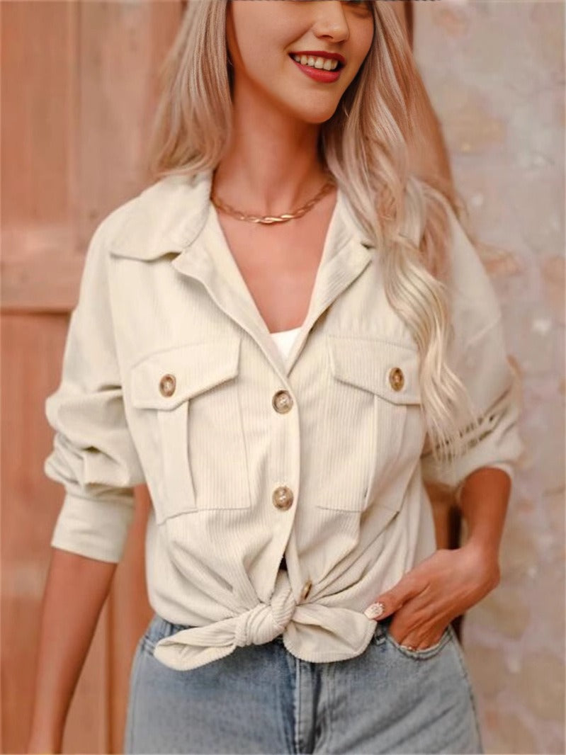 Heidi Mode | Hip-Length Loose Fit Long Sleeve Corduroy Shirt with Button Closure