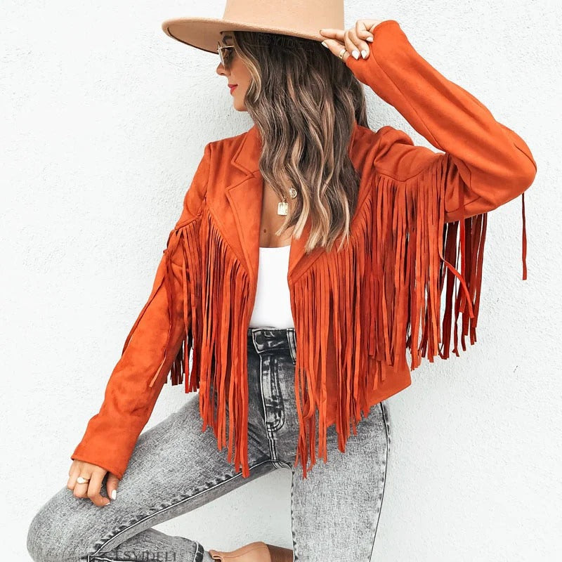 Heidi Fashion | Tailored Fit Leather Jacket with Fringe Sleeves - Hip-Length Style