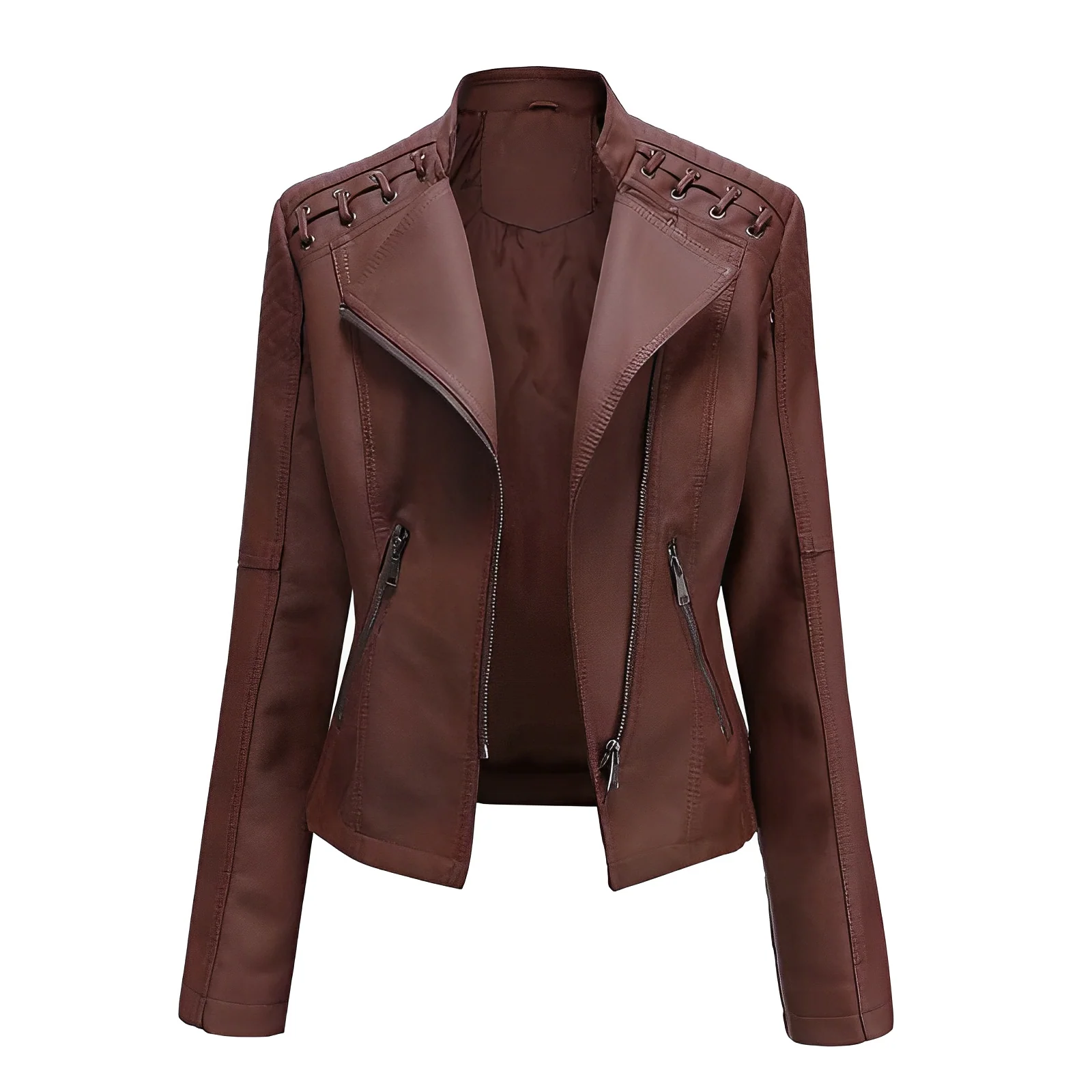 Heidi Fashion | Slim Fit Leather Jacket with Asymmetrical Zipper and Quilted Shoulders