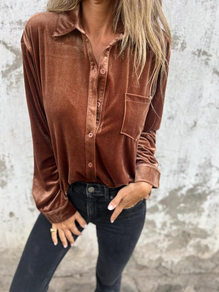 Heidi Fashion | Loose Fit Velvet Long Sleeve Shirt with Chest Pocket