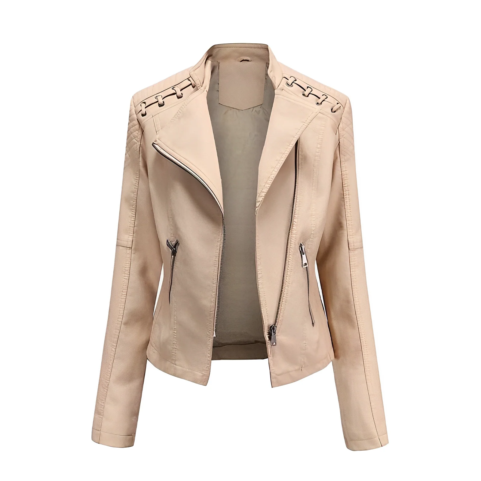 Heidi Fashion | Slim Fit Leather Jacket with Asymmetrical Zipper and Quilted Shoulders