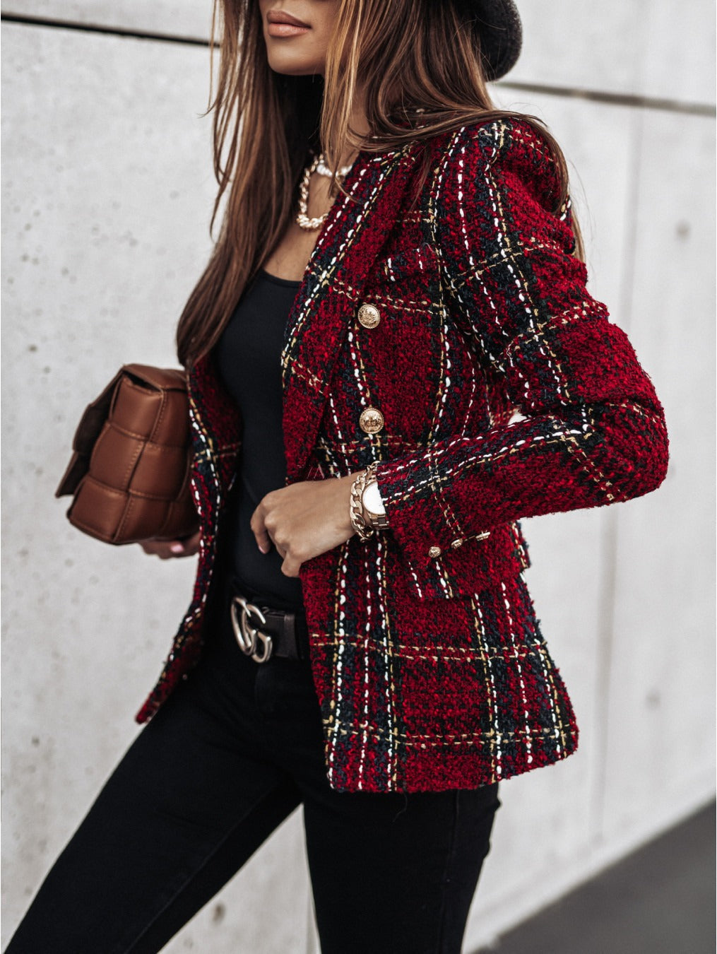 Heidi Fashion | Tailored Double-Breasted Blazer with Woven Pattern and Puff Sleeves