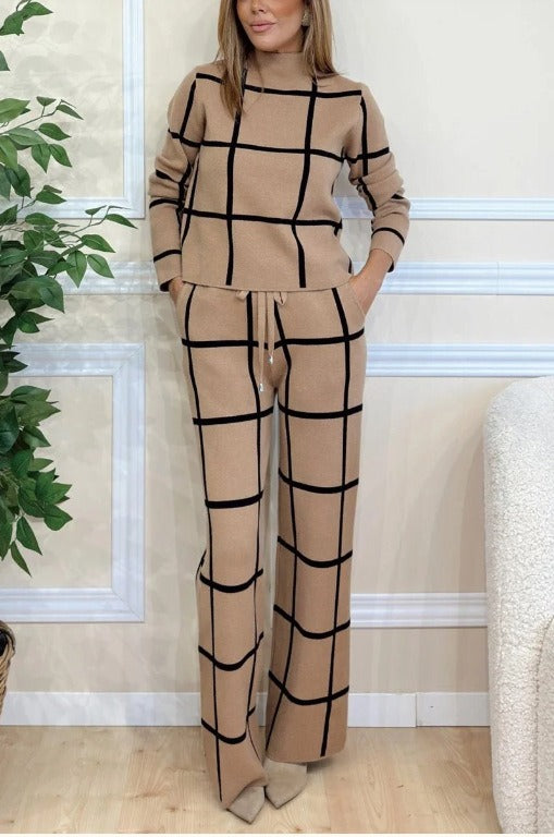 Heidi Fashion | Casual Two-Piece Knitted Set with Check Pattern and Drawstring Wide-Leg Pants