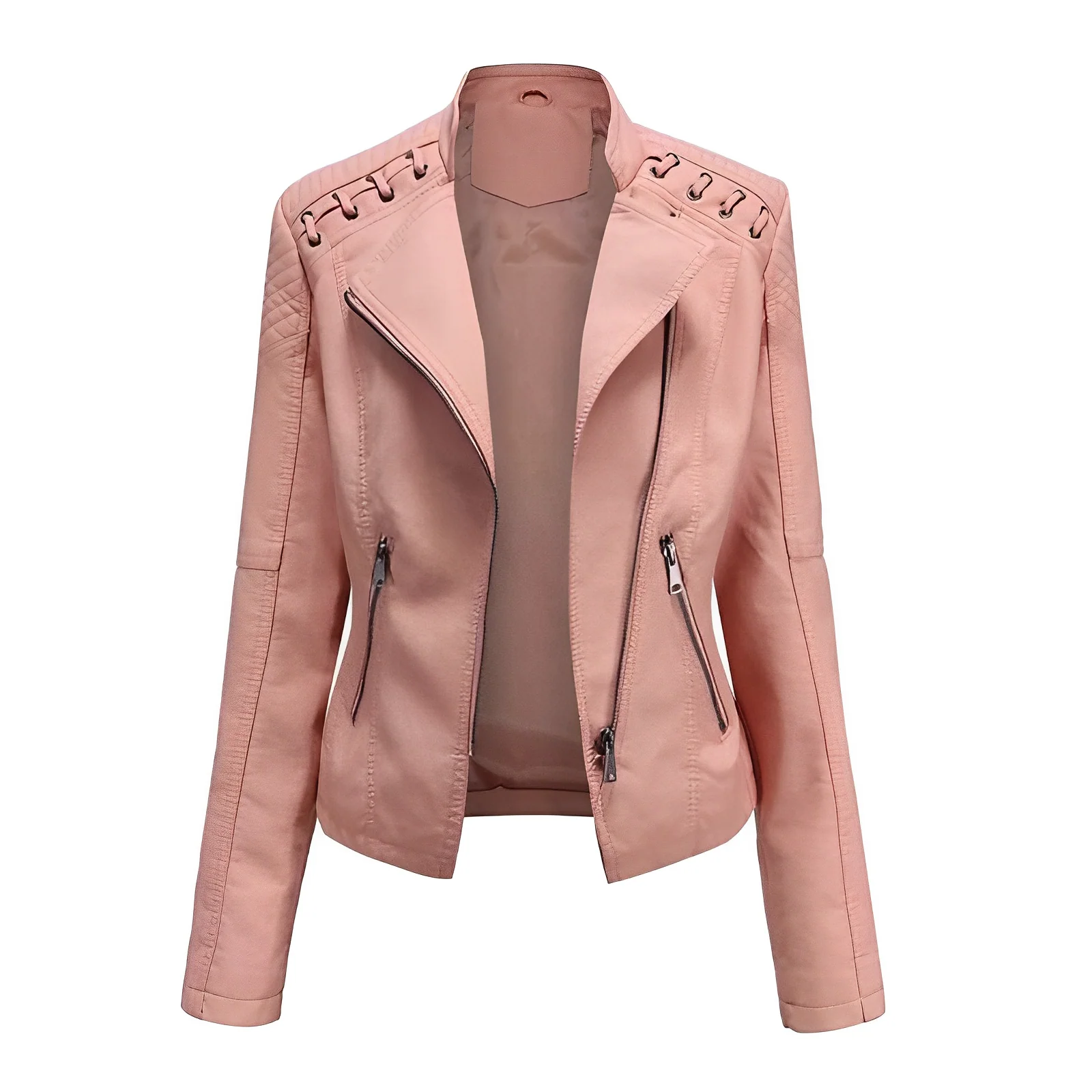 Heidi Fashion | Slim Fit Leather Jacket with Asymmetrical Zipper and Quilted Shoulders
