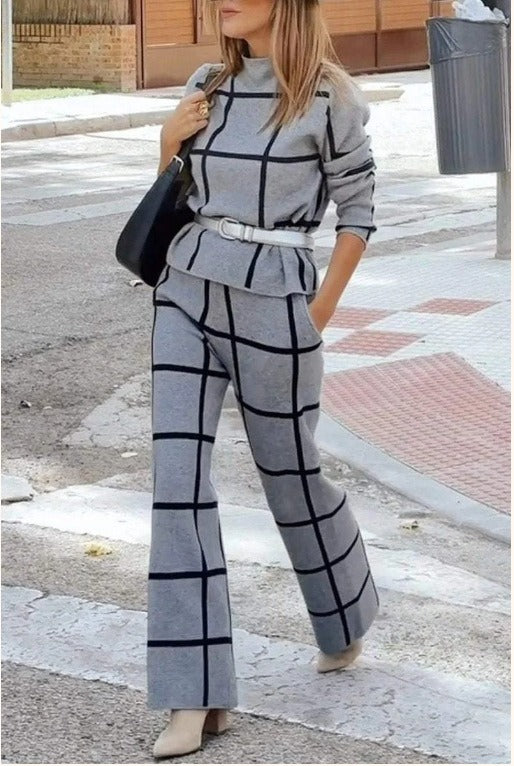 Heidi Fashion | Casual Two-Piece Knitted Set with Check Pattern and Drawstring Wide-Leg Pants