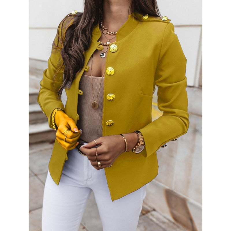 Heidi Fashion | Double-Breasted Slim Fit Blazer with Padded Shoulders - Cotton Blend