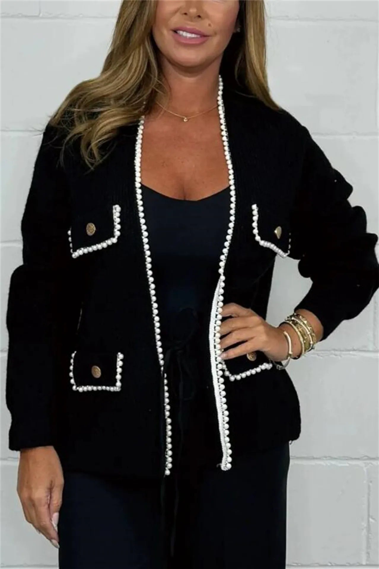 Heidi Mode | Loose Fit Knitted Cardigan with Decorative Trim, Beaded Buttons, and Pockets