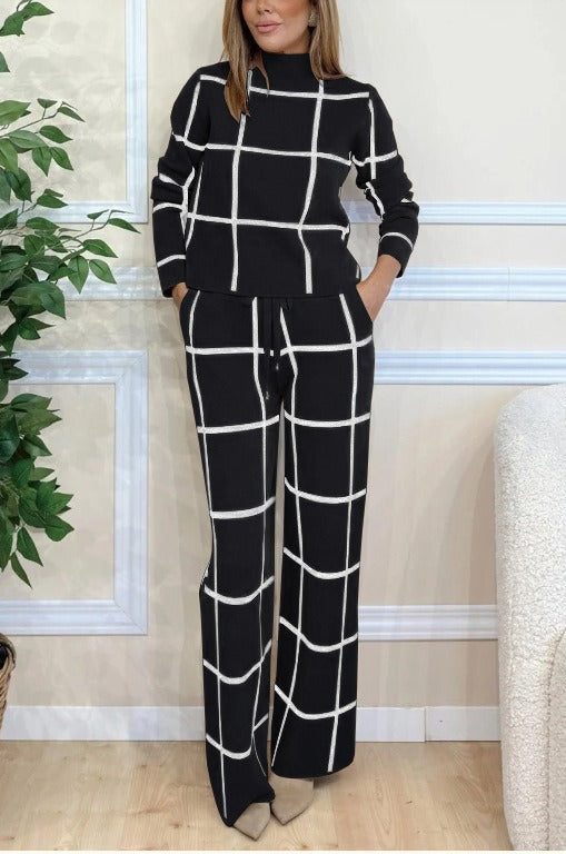 Heidi Fashion | Casual Two-Piece Knitted Set with Check Pattern and Drawstring Wide-Leg Pants