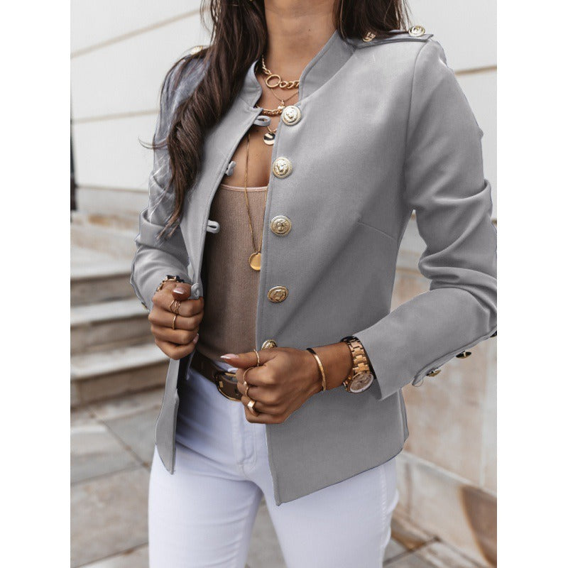Heidi Fashion | Double-Breasted Slim Fit Blazer with Padded Shoulders - Cotton Blend