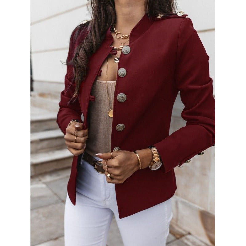 Heidi Fashion | Double-Breasted Slim Fit Blazer with Padded Shoulders - Cotton Blend
