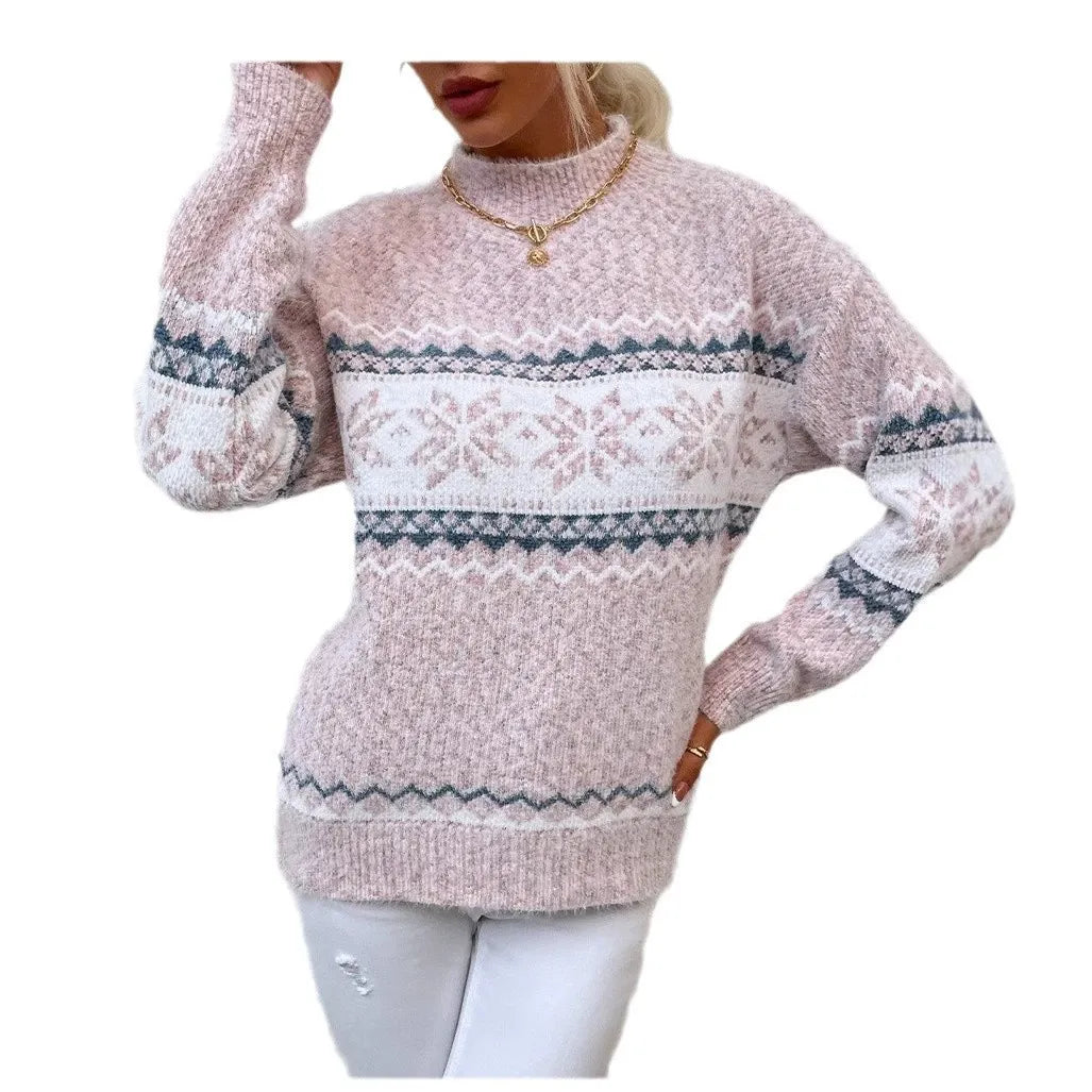 Heidi Fashion | Relaxed Fit High Collar Wool Knit Sweater with Snowflake Design