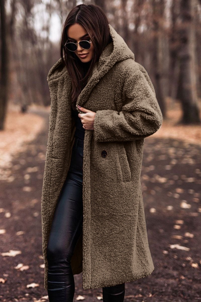 Heidi Fashion | Plus Size Full-Length Hooded Wool Coat with Button Details