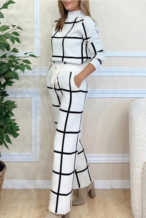 Heidi Fashion | Casual Two-Piece Knitted Set with Check Pattern and Drawstring Wide-Leg Pants