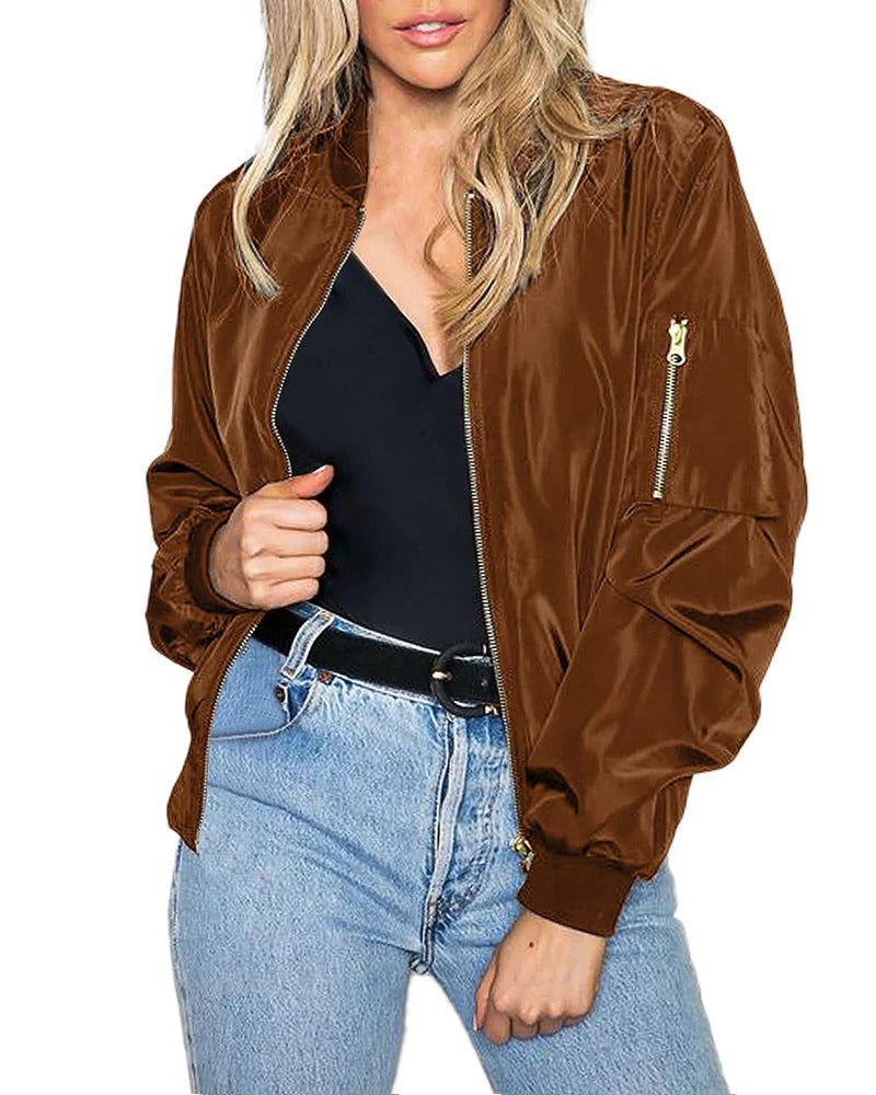 Heidi-Mode Casual Fit Bomber Jacket - Smooth, Water-Resistant with Zipper Closure