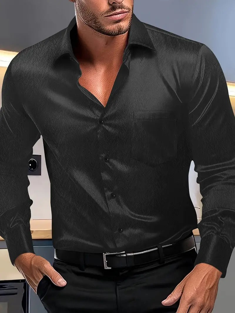 Heidi Mode | Slim Fit Button-Up Shirt with Silky Texture and Pointed Collar & Chest Pocket