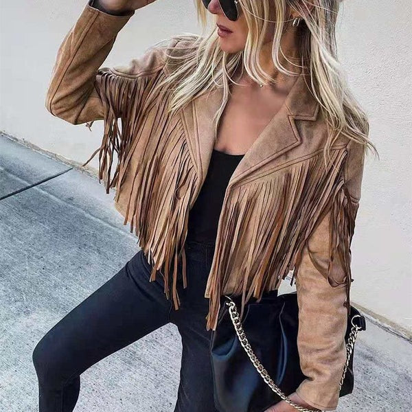 Heidi Fashion | Tailored Fit Leather Jacket with Fringe Sleeves - Hip-Length Style