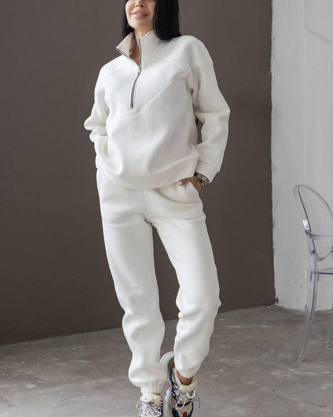 Heidi Fashion | Cozy Fleece Loungewear Set with Loose Fit Hoodie and Half-Zip Joggers