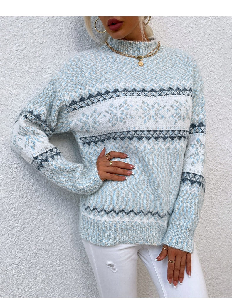 Heidi Fashion | Relaxed Fit High Collar Wool Knit Sweater with Snowflake Design