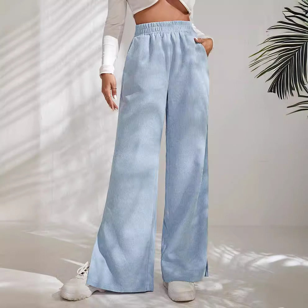 Heidi-Inspired Wide Leg High-Waist Corduroy Pants with Elastic Waistband and Slit Hem