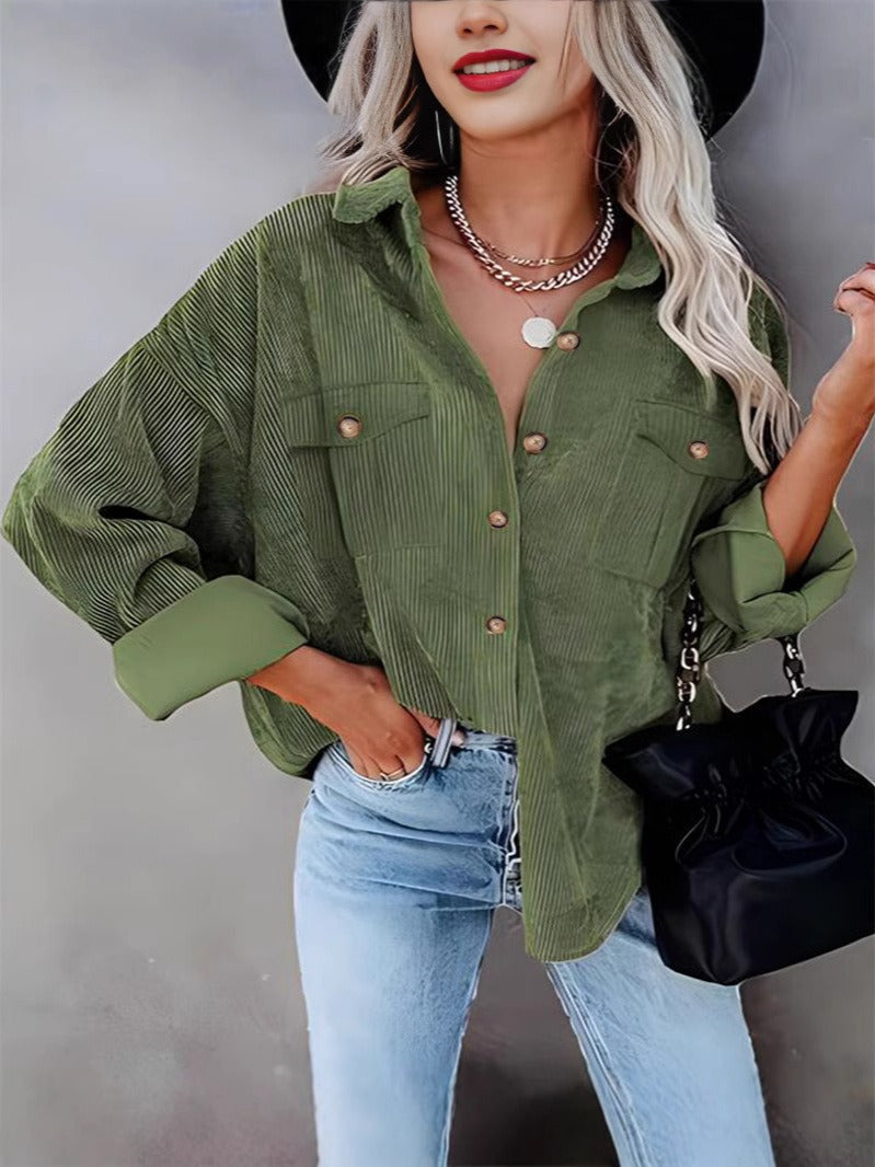 Heidi Mode | Hip-Length Loose Fit Long Sleeve Corduroy Shirt with Button Closure