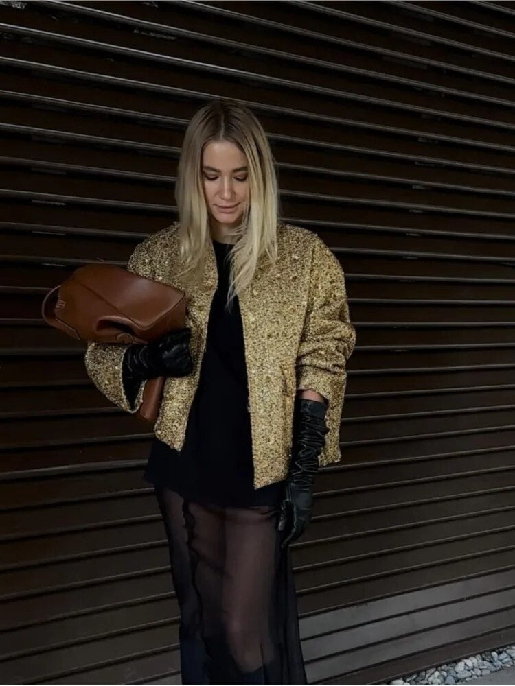 -Mode | Women's Autumn Gold Bomber Jacket